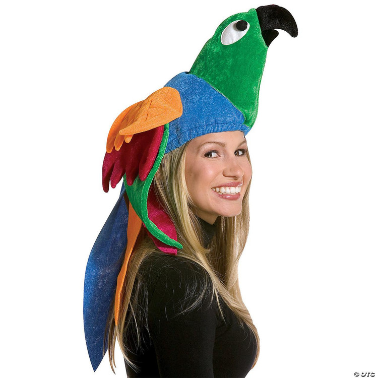 Rasta Imposta Parrot Hat Adult, colorful plush parrot-themed costume hat worn by a smiling woman.