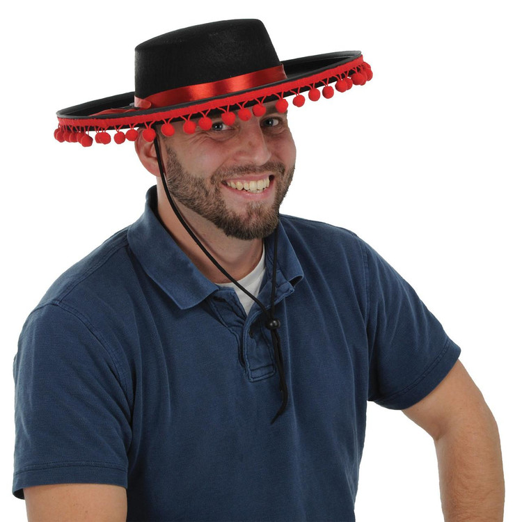 Fantasy Costumes Spanish Felt Hat, man wearing black and red traditional Spanish hat with pom-pom trim.