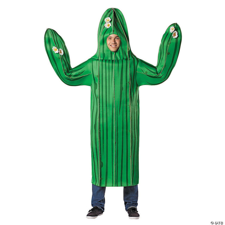 Rasta Imposta Cactus Costume Adult, inflatable green cactus-themed costume with flower details and a hood, designed for fun costume parties or events.
