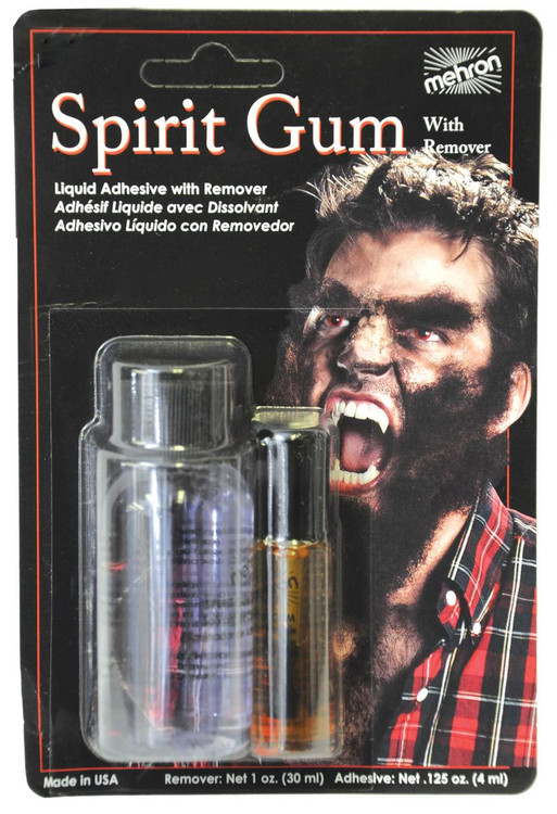 Mehron Spirit Gum & Remover, product packaging with a person with theatrical makeup and facial hair, including a small bottle of liquid adhesive and remover in a blister pack.