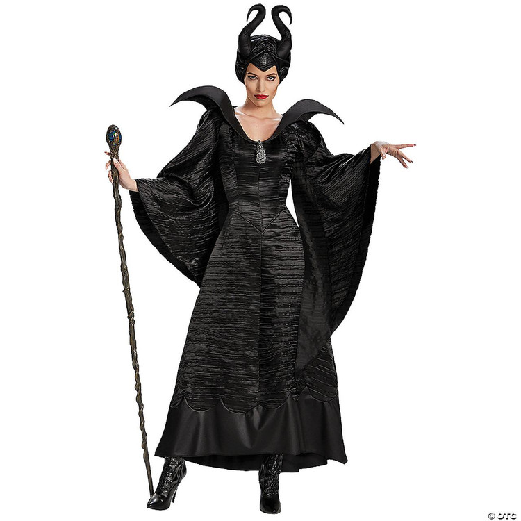 Disguise Maleficent Christening Gown - Maleficent Movie - Adult, woman dressed as Maleficent with a gothic black gown, horned headpiece, and staff, cosplay costume for adults.