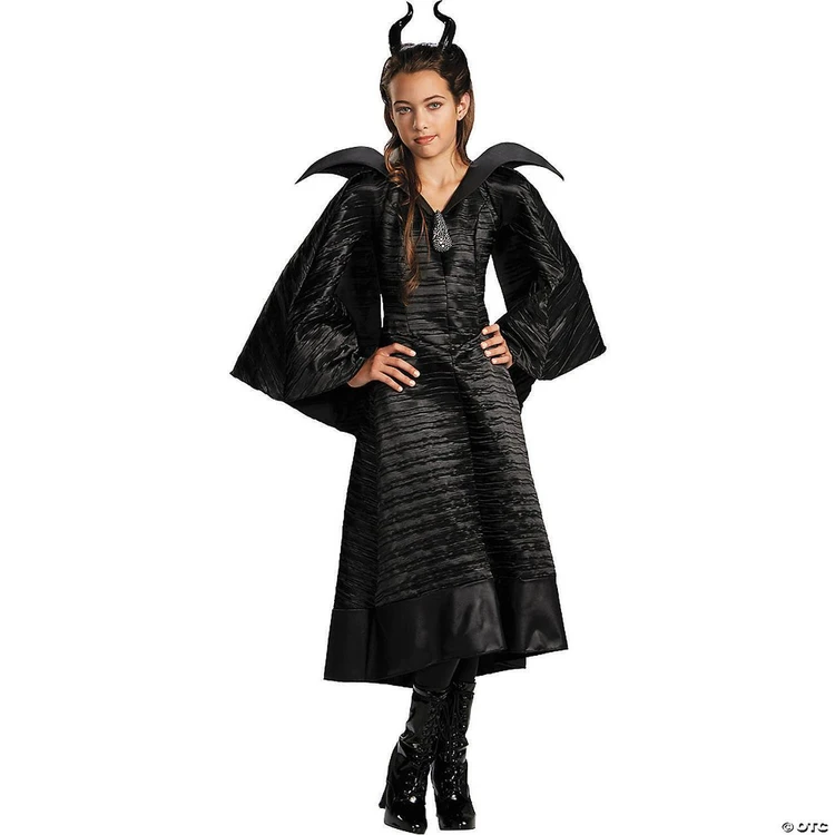 Disguise Disney's Maleficent Christening Black Gown Costume - Child, a young girl dressed as Maleficent with horns and a black gown featuring a textured fabric and dramatic cape, standing confidently.
