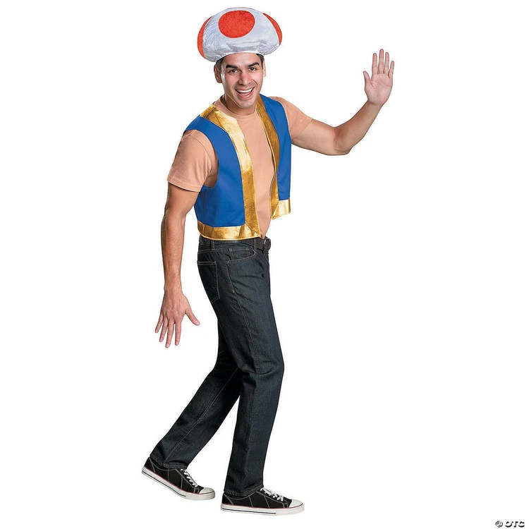 Disguise Super Mario Bros.™ Toad Costume Kit - Adult, man wearing a blue and gold vest with a mushroom hat, cosplay costume for adults