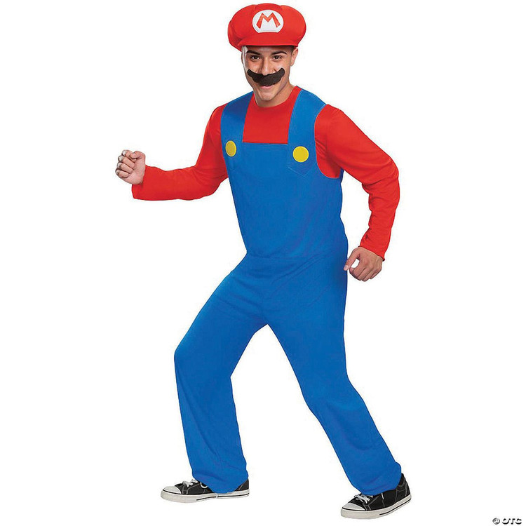 Disguise Mario Costume Classic Super Mario Bros.™ - Adult, male model wearing a bright red hat with white 'M' logo, blue overalls with yellow buttons, red shirt, black and white sneakers, posed in a playful stance with fake mustache and cheerful expression.