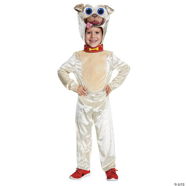 Disguise Rolly Classic Child Costume - Puppy Pals, child wearing a playful puppy dog costume with a large puppy face hood and beige satin body suit with red shoes.