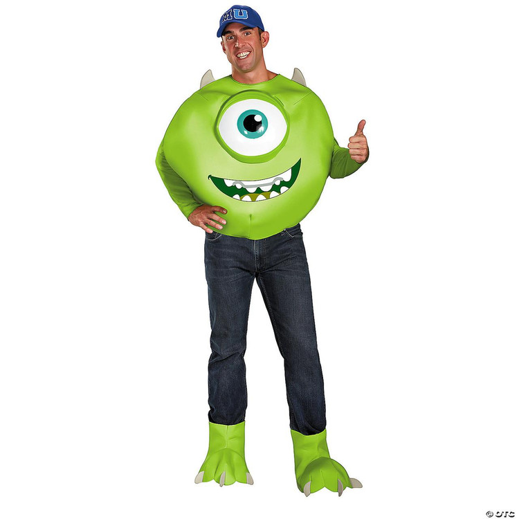 Disguise Monsters University Mike Deluxe Costume - Adult, a person wearing a large, green, one-eyed monster costume with a friendly face and monster feet, suitable for Halloween or costume parties.