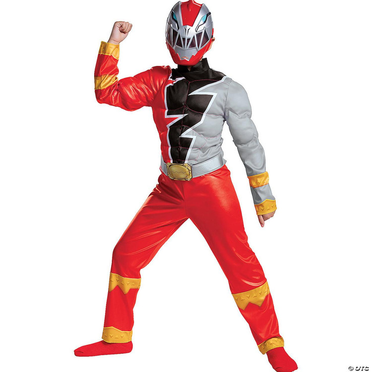 Disguise Power Ranger Dino Fury Muscle Child Costume- Red, a superhero costume for kids with a red, grey, and black jumpsuit, a matching red and silver helmet, and yellow accents, ideal for cosplay and dress-up.