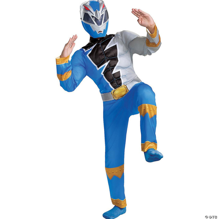 Disguise Power Ranger Dino Fury Muscle Child Costume - Blue, child wearing a blue and silver superhero costume with muscle padding and a matching helmet.