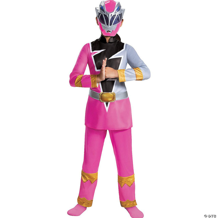 Disguise Power Ranger Dino Fury Deluxe Child Costume-Pink, child wearing a pink Power Ranger costume with a mask, costume includes a jacket, pants, and mask for kids' dress-up and cosplay.