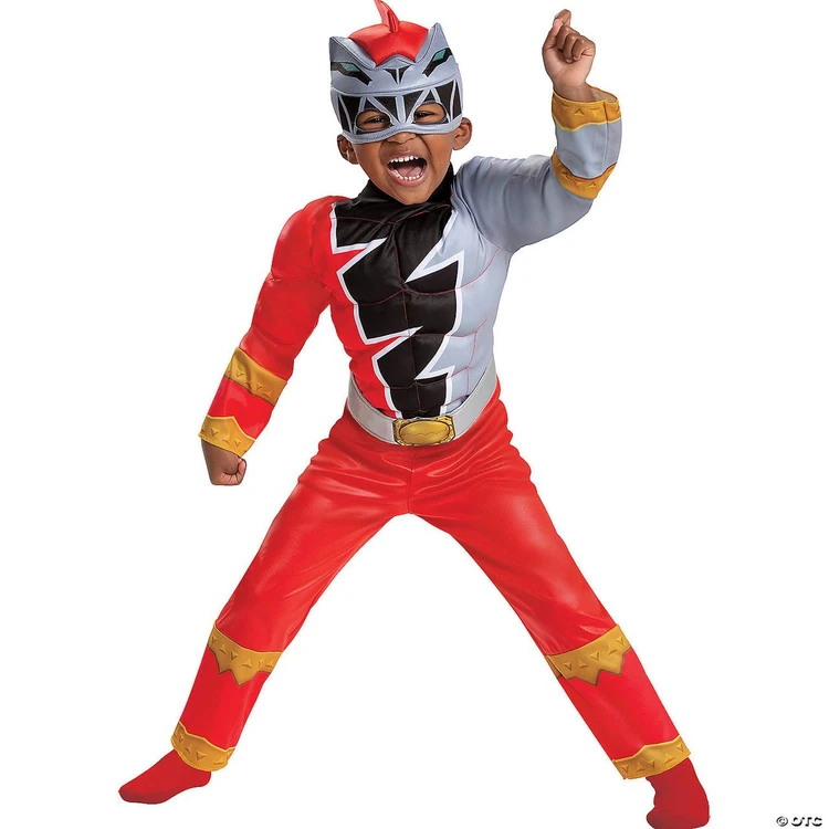 Disguise Power Ranger Dino Fury - Child Red costume, child boy dressed as a Power Ranger Dino Fury in red, black, grey, and yellow superhero outfit with helmet, standing in a dynamic pose with fist raised.