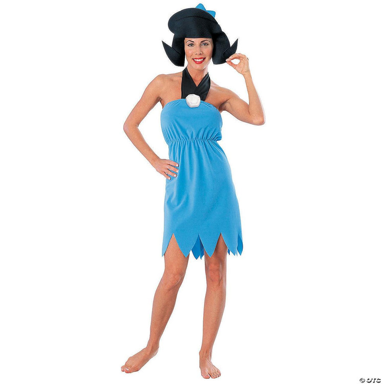 Rubies Betty Rubble Costume - The Flintstones OSFM, a woman dressed in a cartoon-inspired Betty Rubble costume featuring a blue dress with jagged hem and a large black wig resembling Betty Rubble's hairstyle.