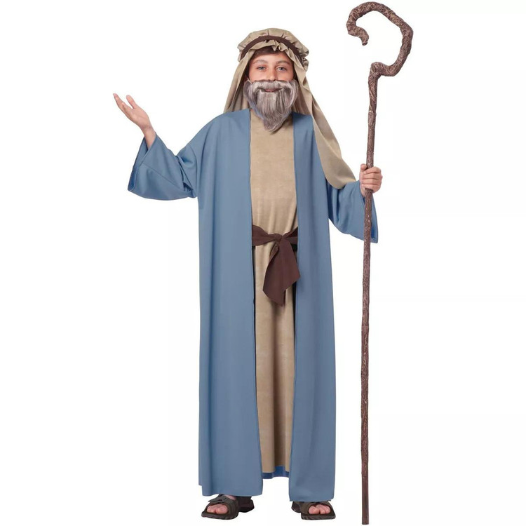 California Costumes Herdsman Noah Child Costume, a child dressed as the biblical herdsman Noah with a robe, head covering, gray beard and wig, holding a shepherd's staff.