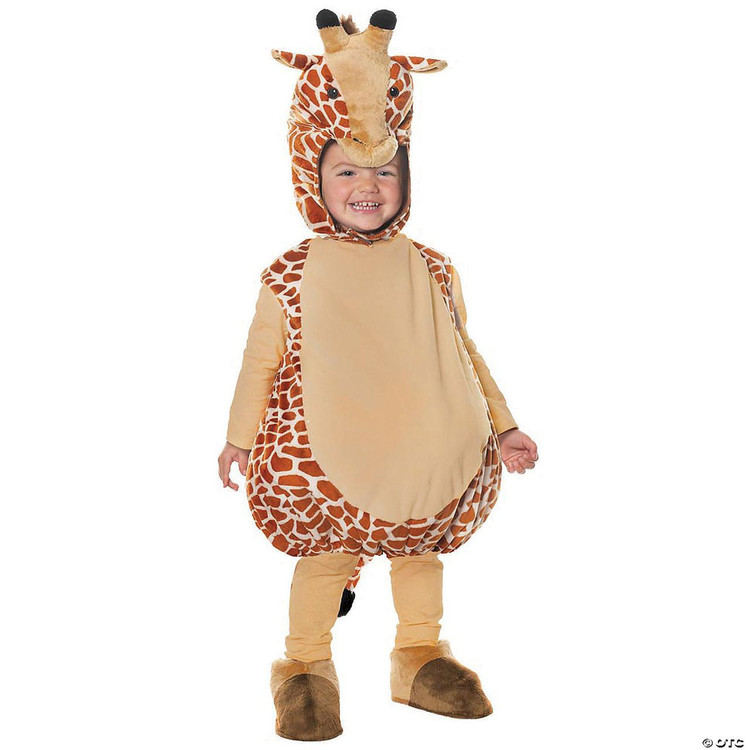 Underwraps Giraffe Toddler Costume, child wearing a plush giraffe costume with a simulated giraffe head hood, giraffe patterned body, and matching foot covers.