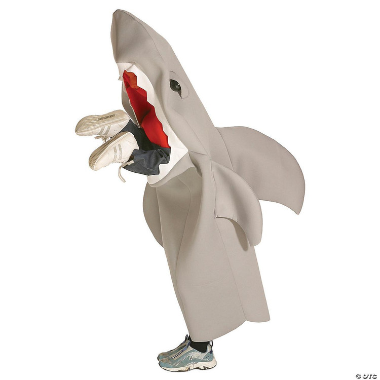 Rasta Imposta Shark Lil Man Eating, a humorous costume featuring a large shark head with an open mouth, designed for kids to wear, with a detailed shark face and body, paired with sneakers for a playful appearance.