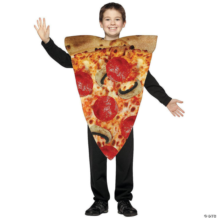 Rasta Imposta Pizza Slice Costume - Kids, a child wearing a pizza-themed costume with tomato slices, cheese, mushroom, and pepperoni details.
