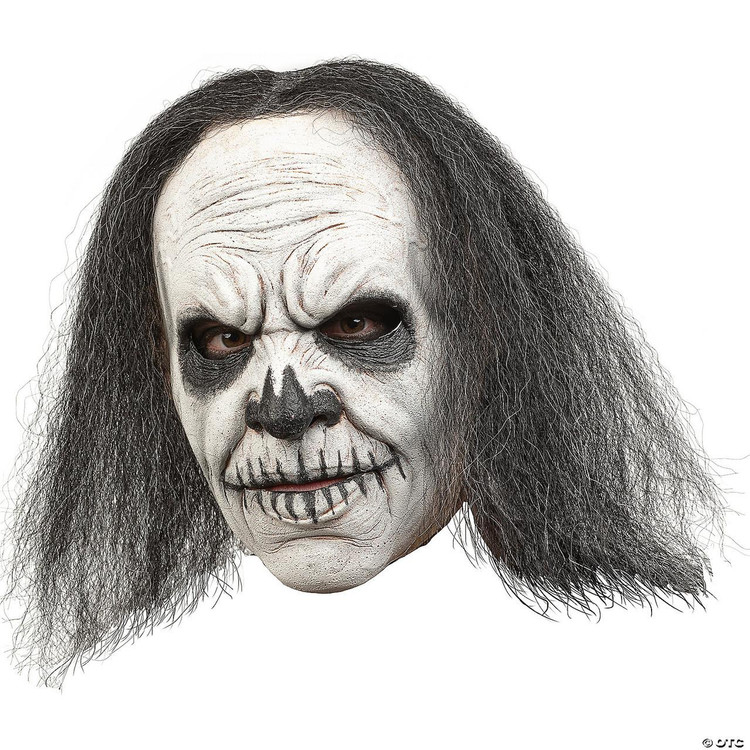 Ghoulish Voodoo Doctor Mask, scary clown face with black and white skull makeup and long black hair.