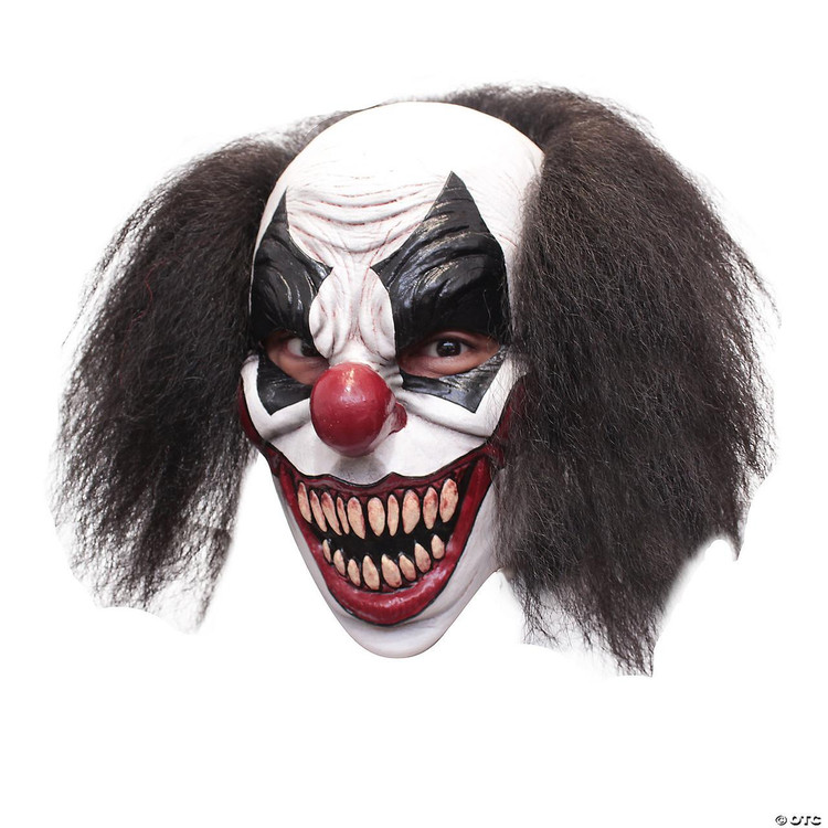 Ghoulish Darky The Clown Mask, a scary clown mask with exaggerated features, dark hair, red nose, sharp teeth, and sinister expression.