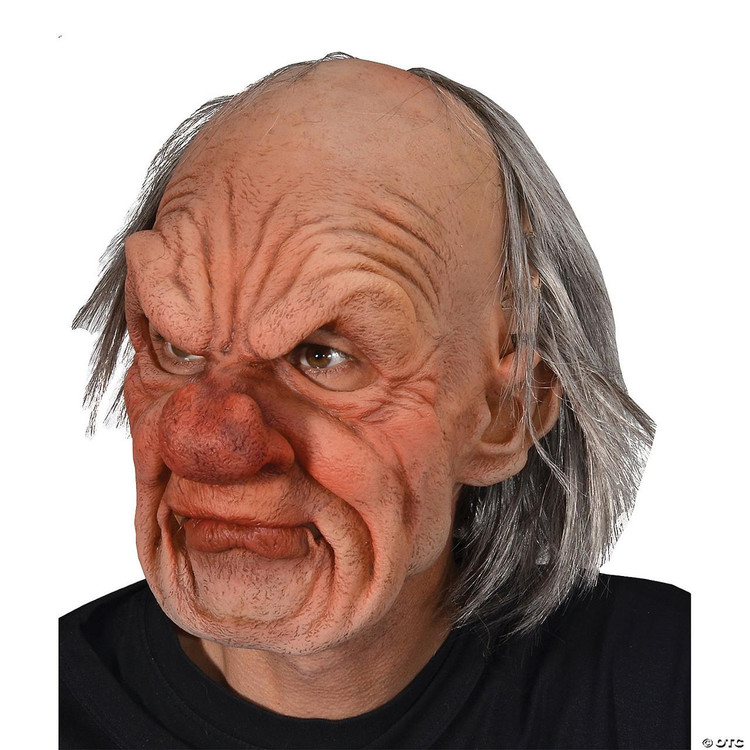 Zagone Grumpy Supersoft Mask, a detailed and realistic scary clown face mask with exaggerated wrinkles, a large red nose, and matted gray hair.