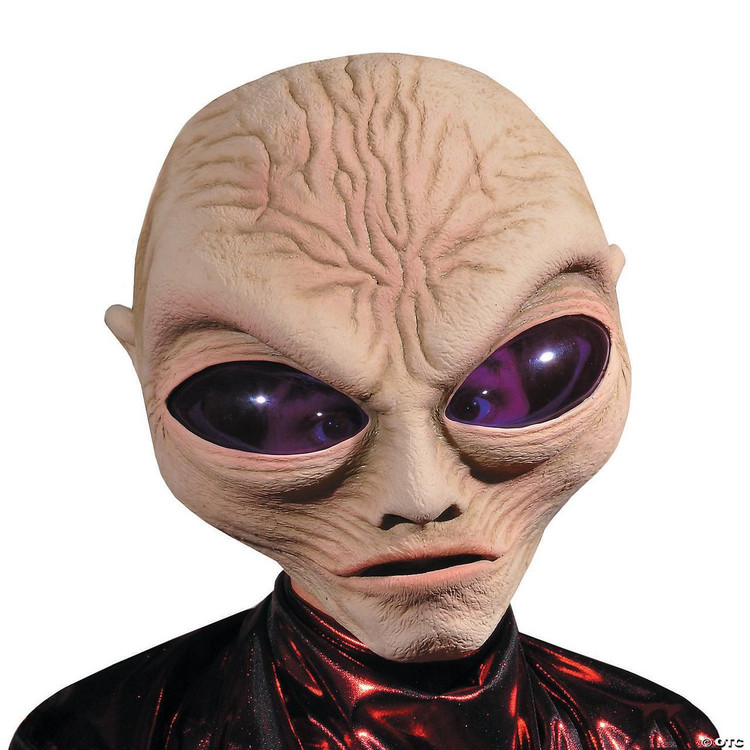 Zagone Alien Mask Gray, featuring a detailed gray alien face with large purple eyes and textured skin, designed for costume and cosplay purposes.