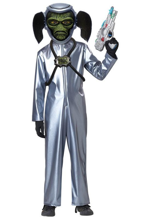 California Costumes First Contact Child Costume - Alien, a child dressed as an alien in a silver space suit with a green alien mask and holding a futuristic toy gun.