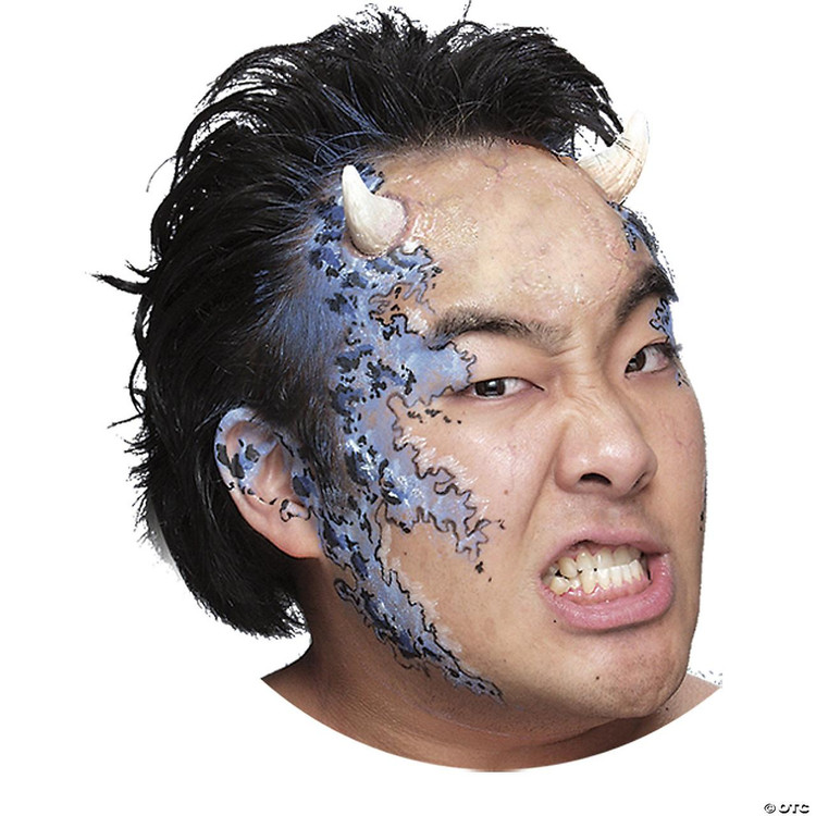 Woochie Horns Alien, prosthetic tattoo makeup on man's face with alien horns for costume or special effects.