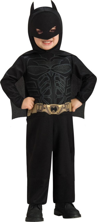 Rubies Batman Costume - The Dark Knight Rises, young child dressed as Batman with a black costume, mask, cape, and utility belt, smiling with hands on hips.