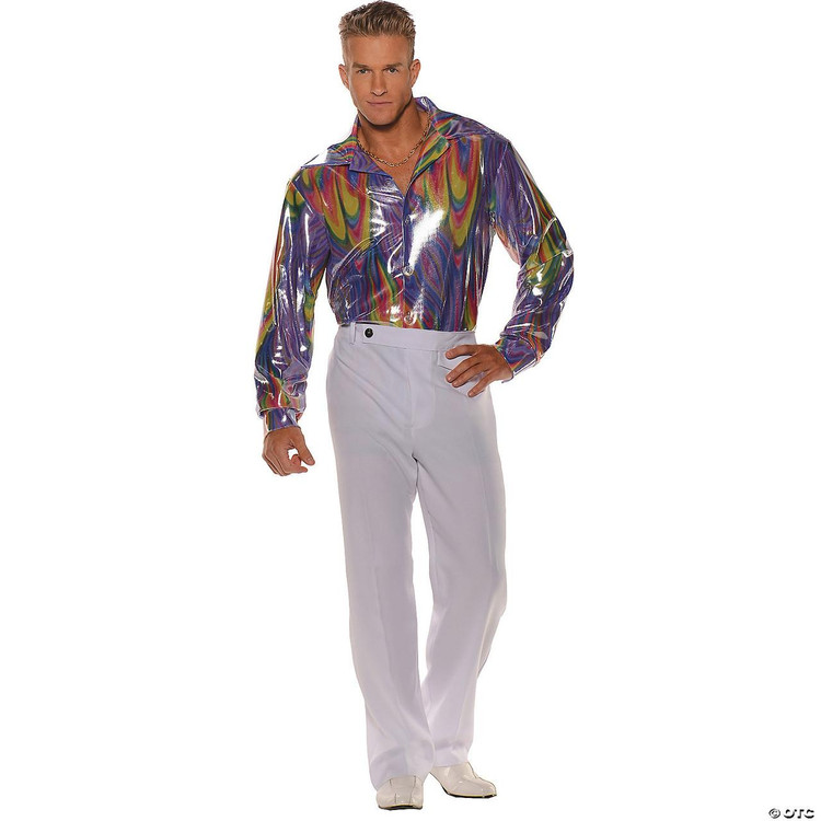 Underwraps Disco Shirt Multi - Men's, a man wearing a colorful, shiny disco shirt with an abstract swirl pattern and white pants, showcasing a vibrant, retro style perfect for dance parties and festive events.