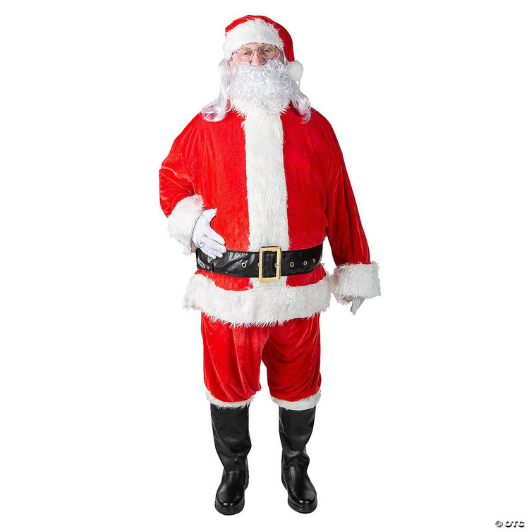 Fun World Santa Suit Complete Velour XL 50-54, a costume featuring a red velvet Santa jacket with white faux fur trim, matching red velour pants, a black belt with a gold buckle, and a red Santa hat with white trim, worn by a person dressed as Santa Claus.