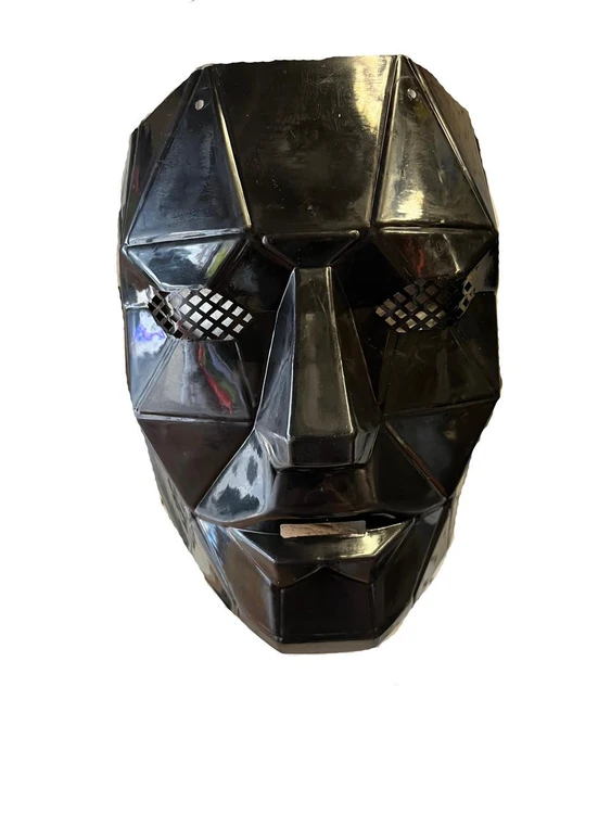 Fantasy Costumes Frontman Mask, black metallic geometric face mask with angular design and mesh eye openings.