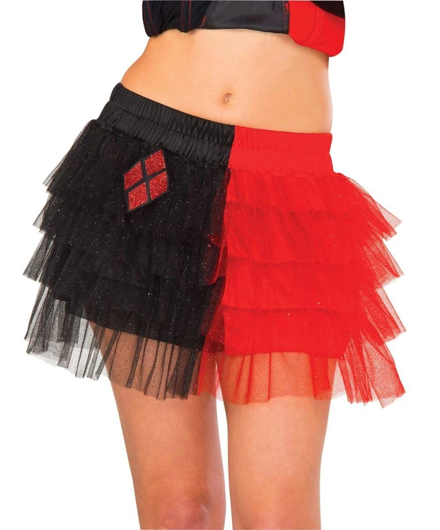 Rubies DC Comics Superhero Style Ruffled Harley Quinn Skirt Adult, a two-tone layered tulle skirt with black and red sections, featuring a glittery diamond patch on the black side.
