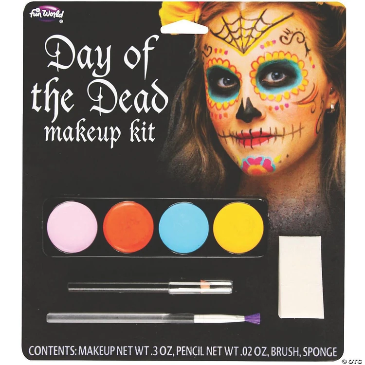 Fun World Day Of The Dead Makeup Kit Female, makeup kit with colorful face paints, brushes, sponge, and tools for creating Day of the Dead sugar skull face paint design.