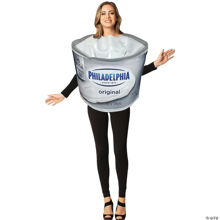 Rasta Imposta Kraft Philadelphia Cream Cheese Costume - Adult, a person wearing a large costume resembling a Philadelphia cream cheese container, designed for adult costume parties or Halloween.