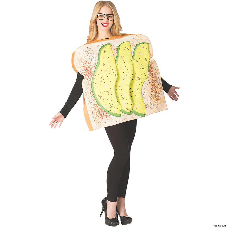 Rasta Imposta Avocado Toast Costume - Adult, woman wearing a humorous avocado toast costume with green avocado slices on a toasted bread base.