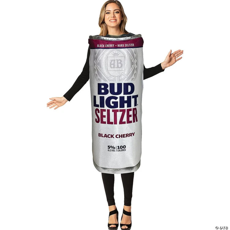 Rasta Imposta Bud Light Black Cherry Seltzer Costume -Adult, woman dressed in a giant beer can costume for Halloween or party costume attire.