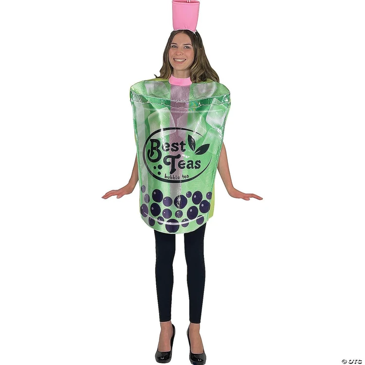 Rasta Imposta Bubble Tea Costume - Adult, woman dressed in a large, colorful bubble tea cup costume with printed toppings and a pink straw hat accessory.