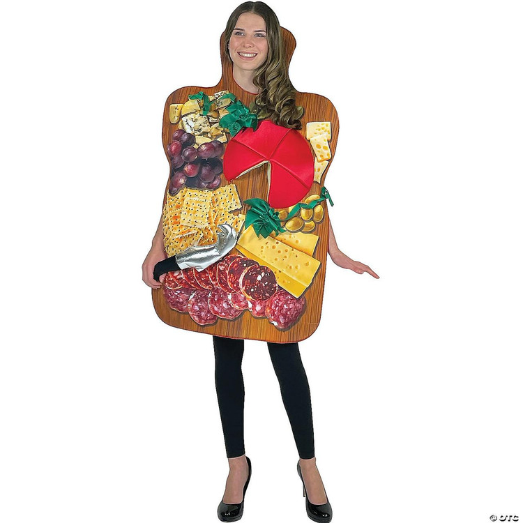 Rasta Imposta Charcuterie Board Costume - Adult, a woman wearing a humorous costume designed to look like a charcuterie board with various cheese, meat, and cracker illustrations.