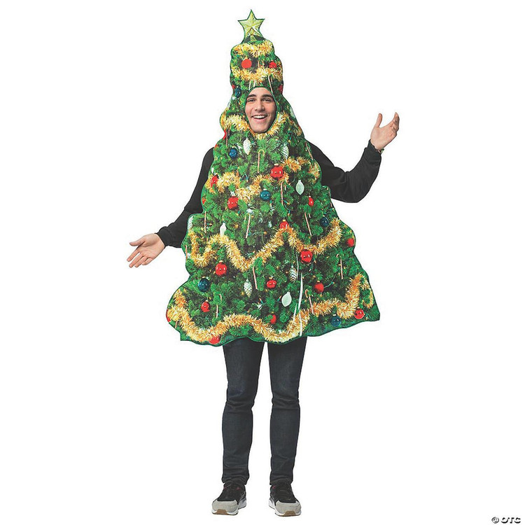 Rasta Imposta Christmas Tree Get Real Costume - Adult, a person wearing a Christmas tree costume with decorated branches, ornaments, and a star on top, suitable for holiday parties and festive events.