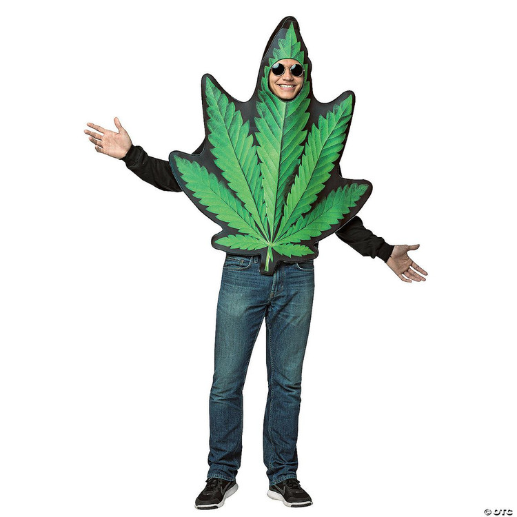 Rasta Imposta Pot Leaf Get Real Costume, person wearing a large green pot leaf costume with face visible through the leaf opening.