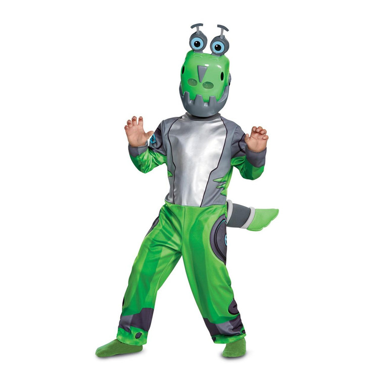 Disguise Botasaur Classic Rusty Rivets Costume Small 4-6, a child's costume featuring a robotic dinosaur design with a green and gray jumpsuit and a colorful dinosaur mask with large eyes.