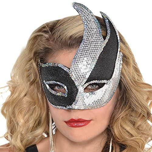 Amscan Silver Sequin Black Swish Mask, a stylish and glamorous masquerade mask with silver sequins and black accents worn by a woman with blonde hair and red lipstick.