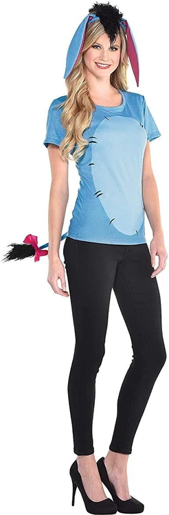 Amscan Eeyore Halloween Costume Kit- XS/SM, women wearing a blue Eeyore-themed costume with animal ears, tail, and headpiece inspired by the character from Winnie the Pooh for Halloween or costume parties.