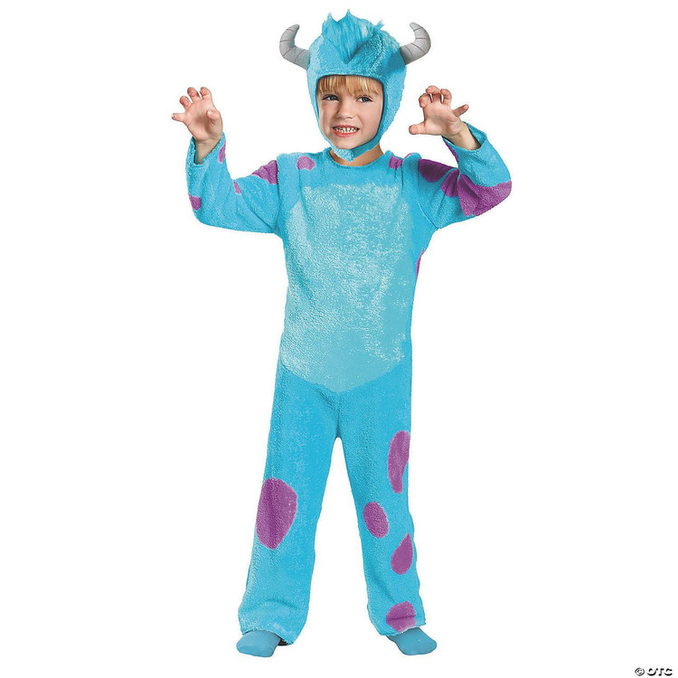 Disguise Sulley Classic Child Costume - Monsters University, a blue plush monster costume with purple spots, attached hood with horns, worn by a smiling child.