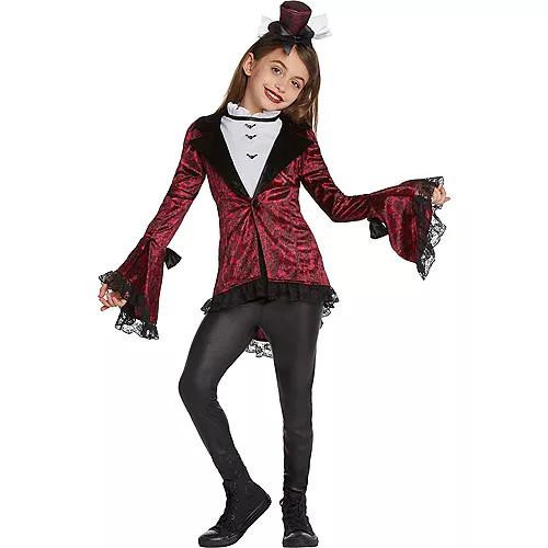 Amscan Vampire Costume Child Large, girl dressed in a red velvet vampire cape with black lace and a matching top hat, suitable for Halloween or costume parties.
