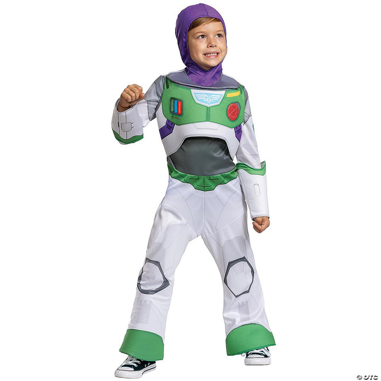 Disguise Space Ranger Buzz Lightyear Classic Child Costume Small 4-6, a young boy wearing a space-themed Buzz Lightyear costume with purple hood, green and white suit, and black and white sneakers.