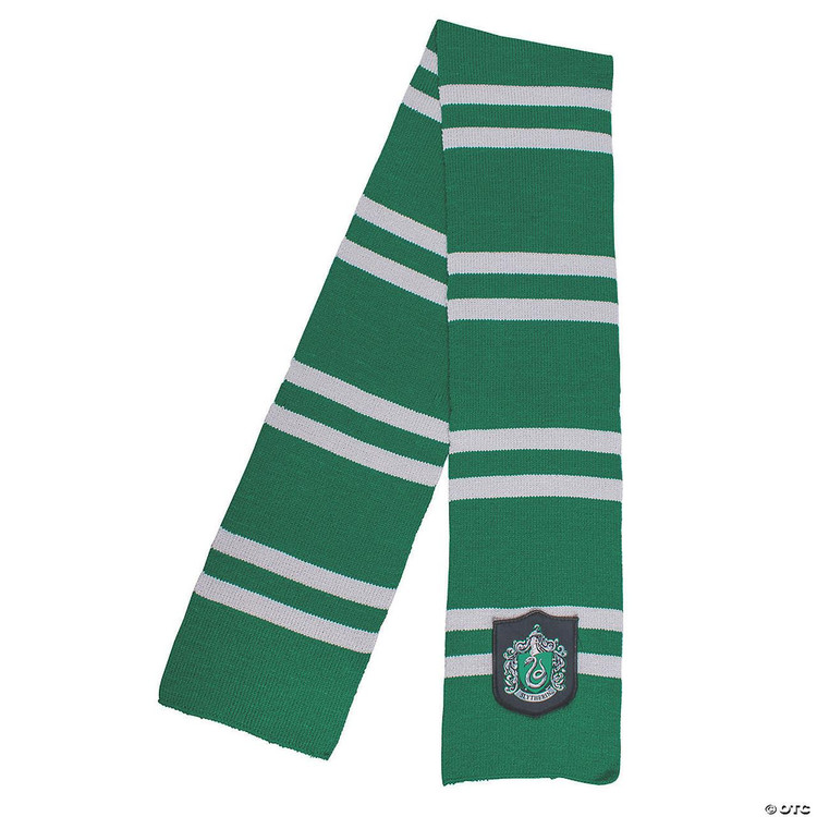 Disguise Harry Potter Slytherin Scarf, green and silver striped knitted scarf with Slytherin house crest.