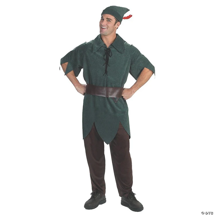 Disguise Peter Pan Classic Costume Adult, man wearing a green Peter Pan costume with a feathered hat, brown belt, and brown pants.