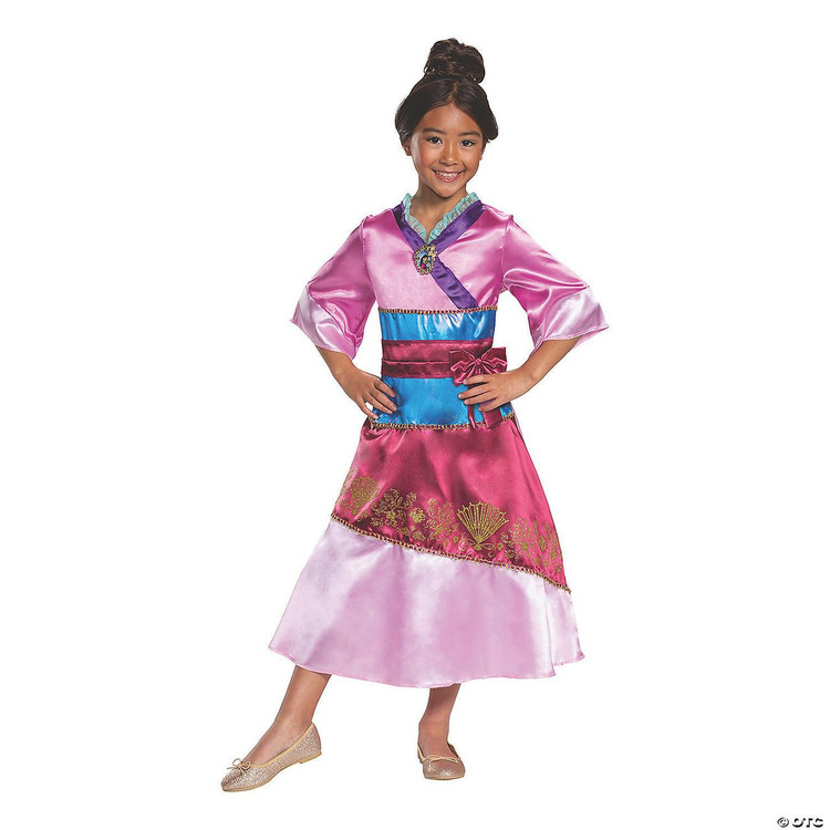 Disguise Mulan Classic Child Costume, girl wearing a pink and blue satin princess dress with gold embroidery and a sash, styled as a Disney Mulan costume for kids.