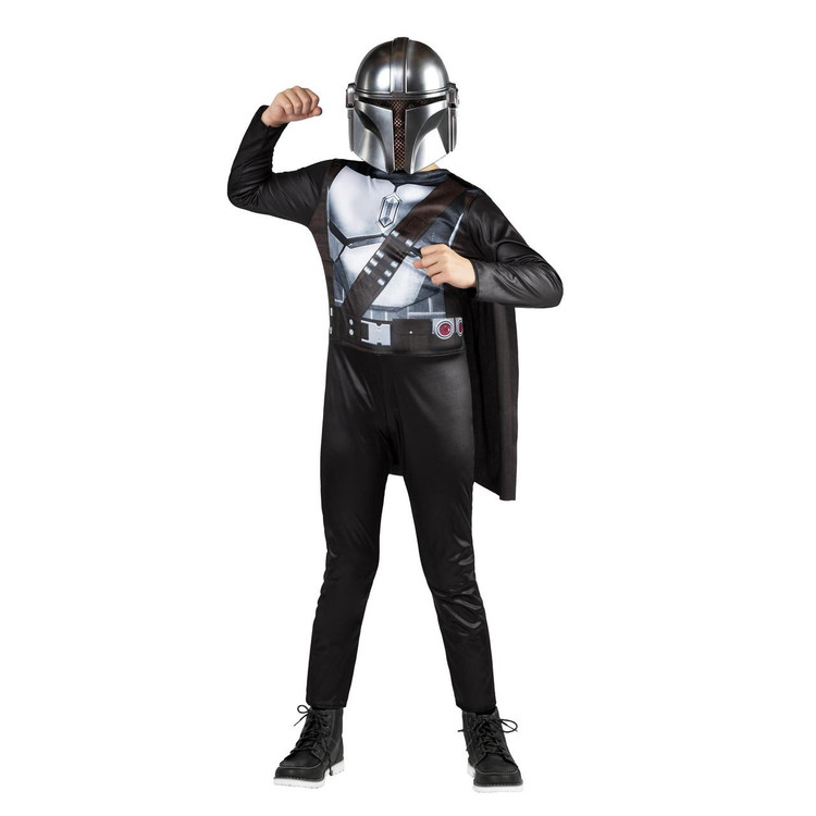 JazWares The Mandalorian™ Value Child Costume, a child's costume featuring a detailed Mandalorian armor and helmet, with a cape and black jumpsuit for dress-up and role play.
