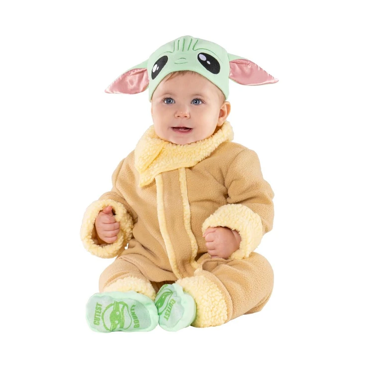 JazWares Grogu™ Infant Costume, cute baby dressed in a plush beige onesie with yellow fleece accents and a green Baby Yoda hat with large ears and black eyes.