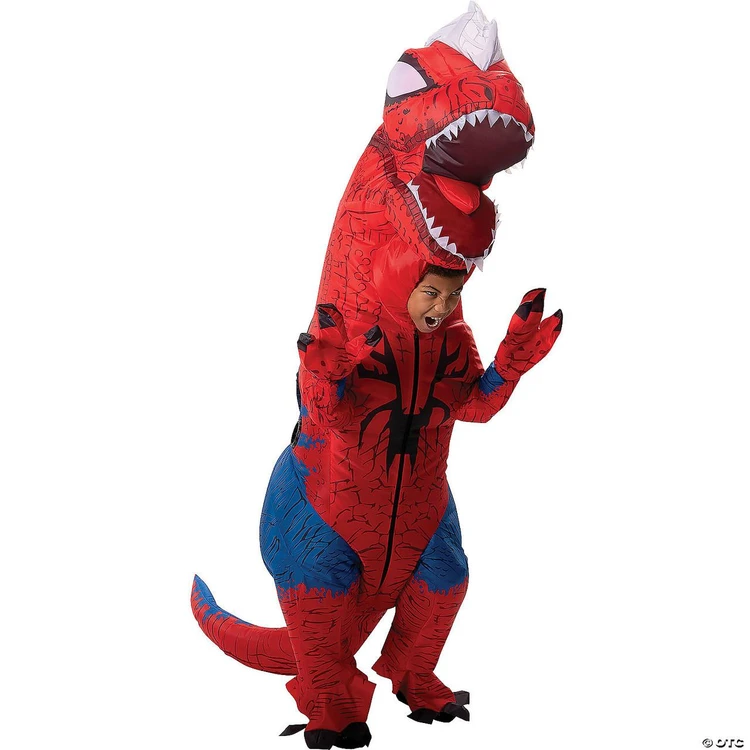 JazWares Spider-Rex Child Inflatable Costume, a child wearing a red and blue inflatable dinosaur costume with a large head that has sharp teeth, eyes, and a white crest.